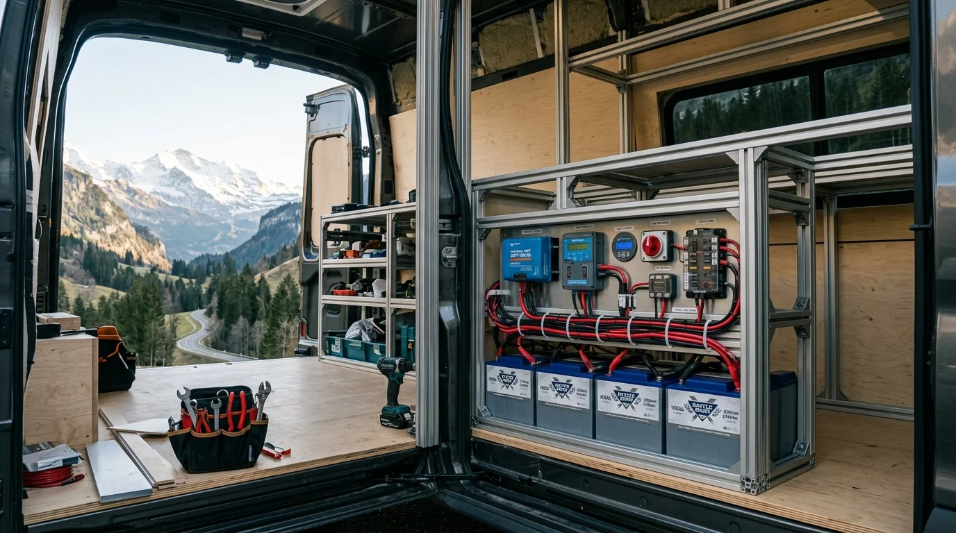 DIY campervan interior workshop build showing aluminum framing and marine electrical wiring harness