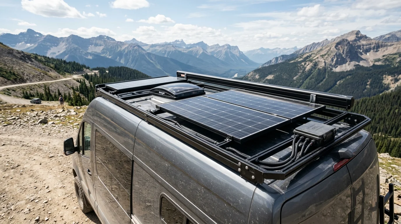 Technical wiring diagram and 12V LiFePO4 battery bank with rooftop solar panels on an overland campervan