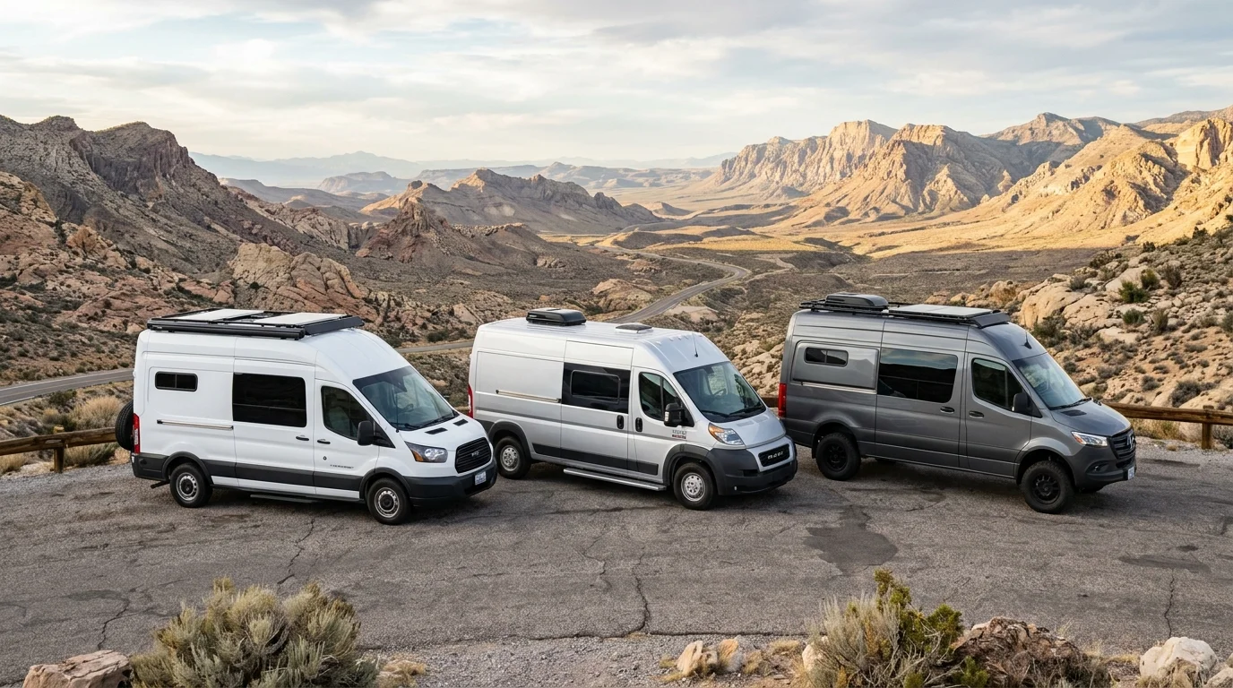 Side-by-side technical wireframe comparison of Ford Transit, Ram ProMaster, and Mercedes Sprinter campervans